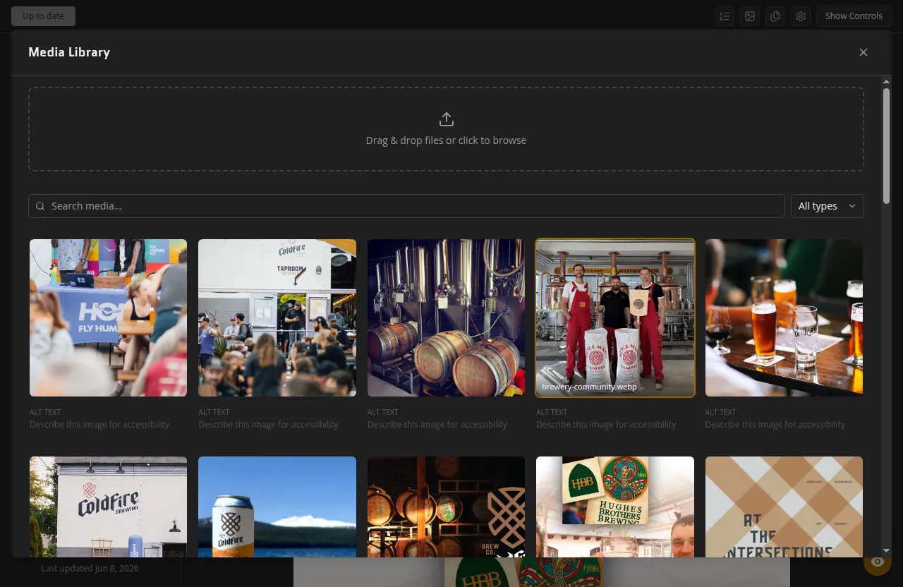 The media library in select mode for inserting or swapping a Media section's image