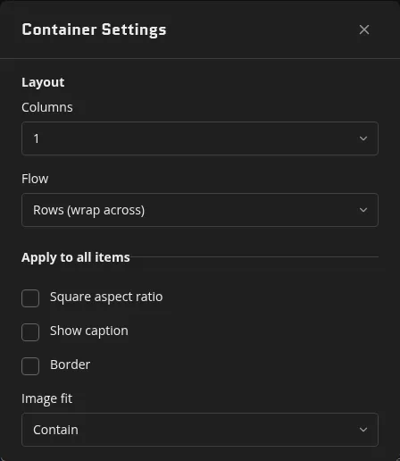 A section's settings modal, titled with the section type