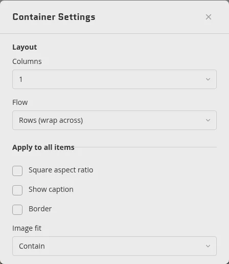 A section's settings modal, titled with the section type